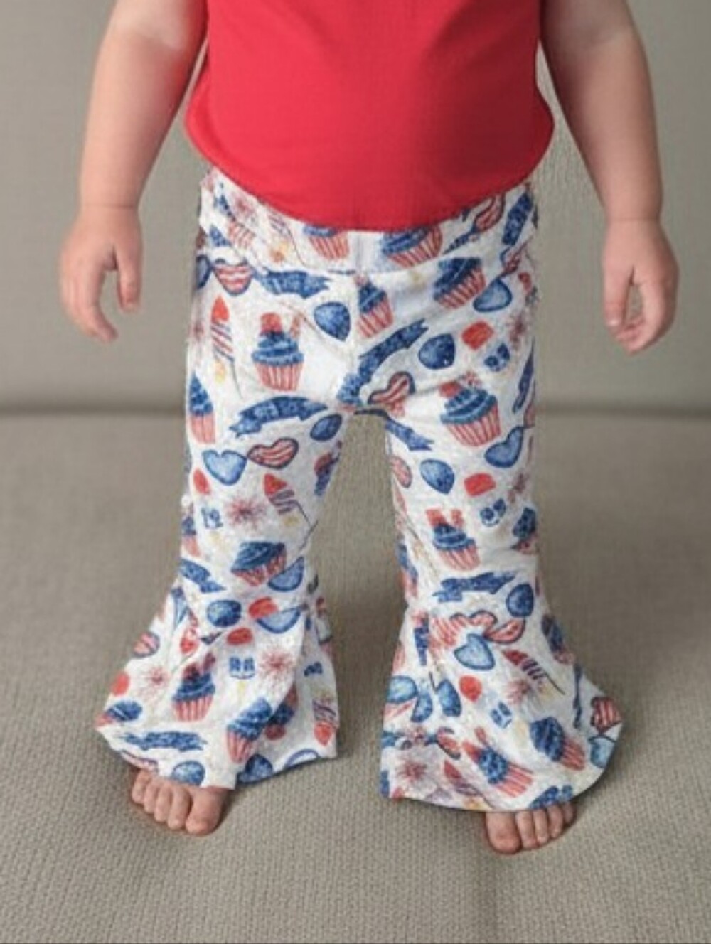 Girls' White Ruffle Bell-Bottom Pants with Red & Blue Patriotic Print